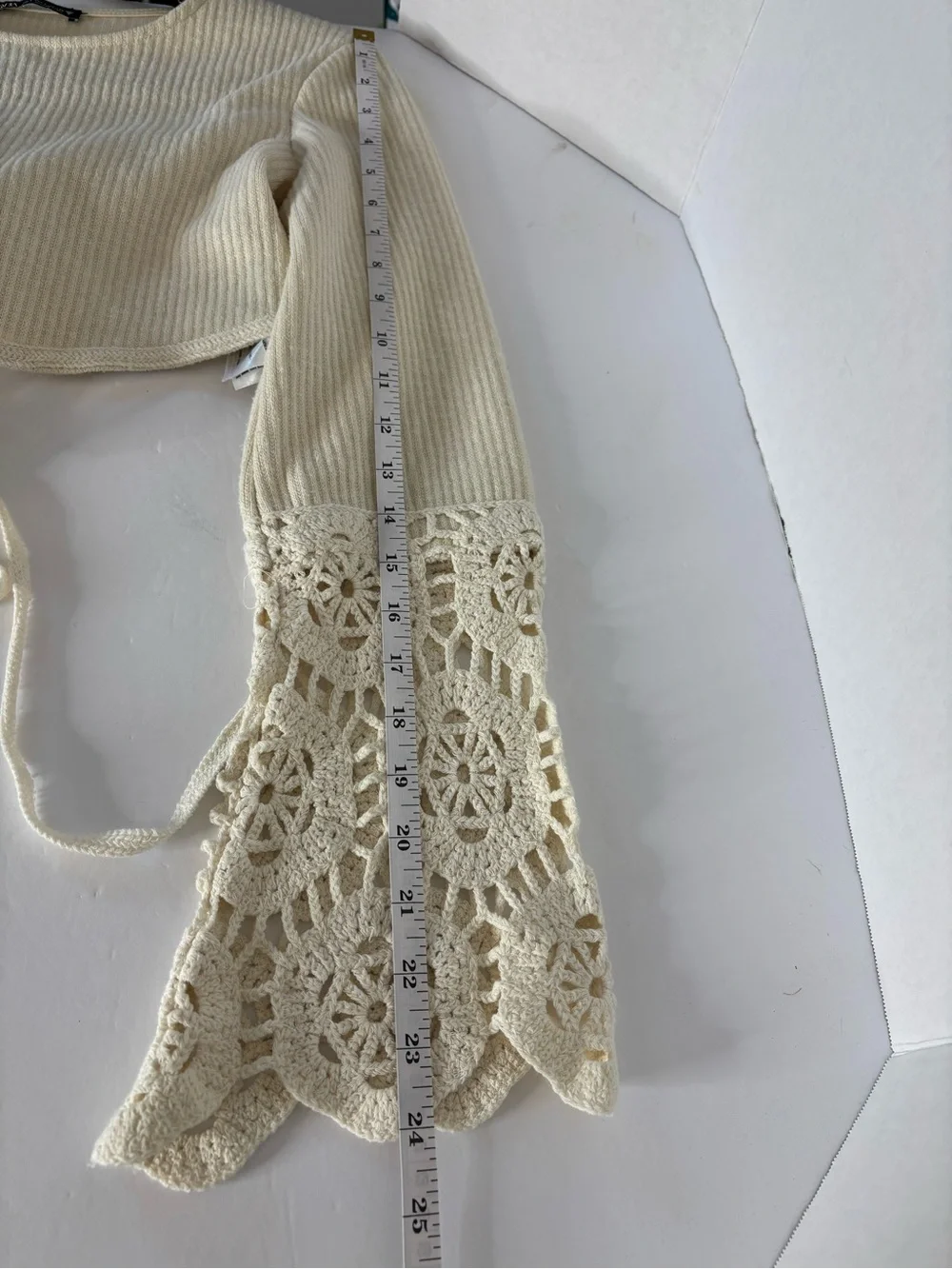 Zara Cream Ribbed Crop Top with Crochet Bell Sleeves and Tie